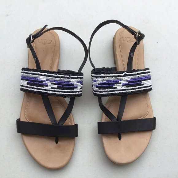 UGG Shoes - UGG Verona Beads Black Leather Purple White Beaded Thong Sandal